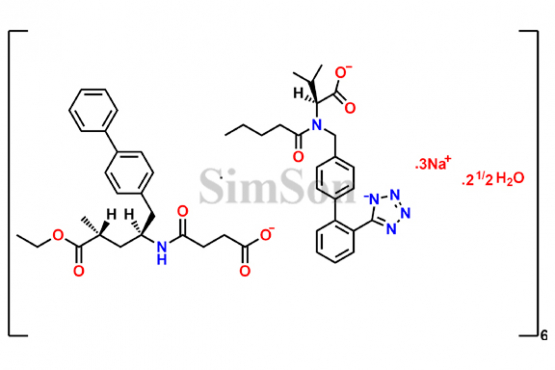 Octadecasodium Hexakis-(4-(((1S,3R)-1-((1,1`-biphenyl)4-ylmethyl)-4-ethoxy-3-methyl-4-oxobutyl)amino)-4-oxobutanoate)hexakis-(N-pentanoyl-N-((2`-(1H-tetrazol-1-id-5-yl)(1,1`-biphenyl)-4-yl)methyl)-L-valinate)penta decahydreate